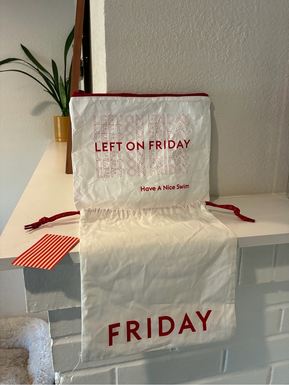 LEFT ON FRIDAY Wet White & Red Swim Pouch and drawstring pouch bundle NWT